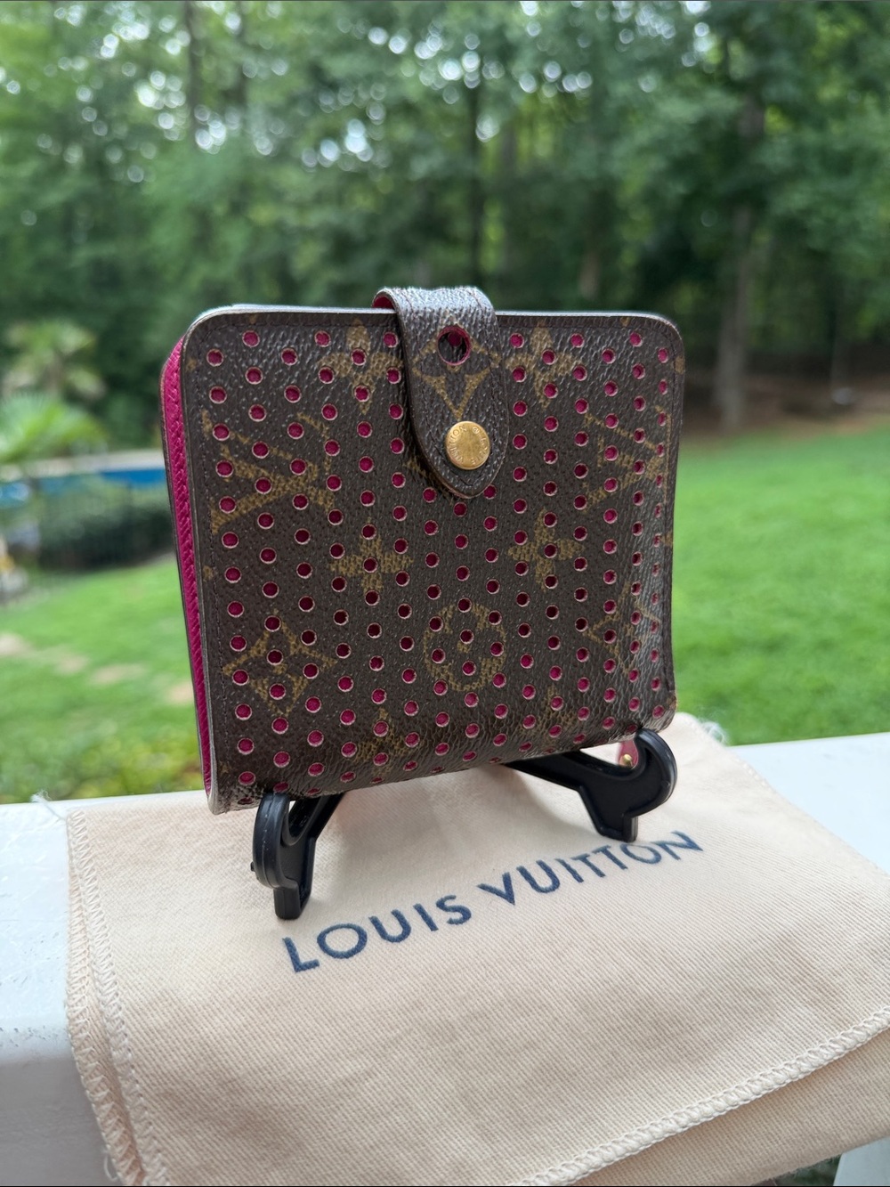Louis Vuitton Auth Monogramed Perforated Compact Zipper Fuschia wallet /dustbag